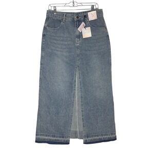 Happily Grey NWT Denim Maxi Skirt Blue High Rise Slit Raw Hem Size 9/28 Artzy‎